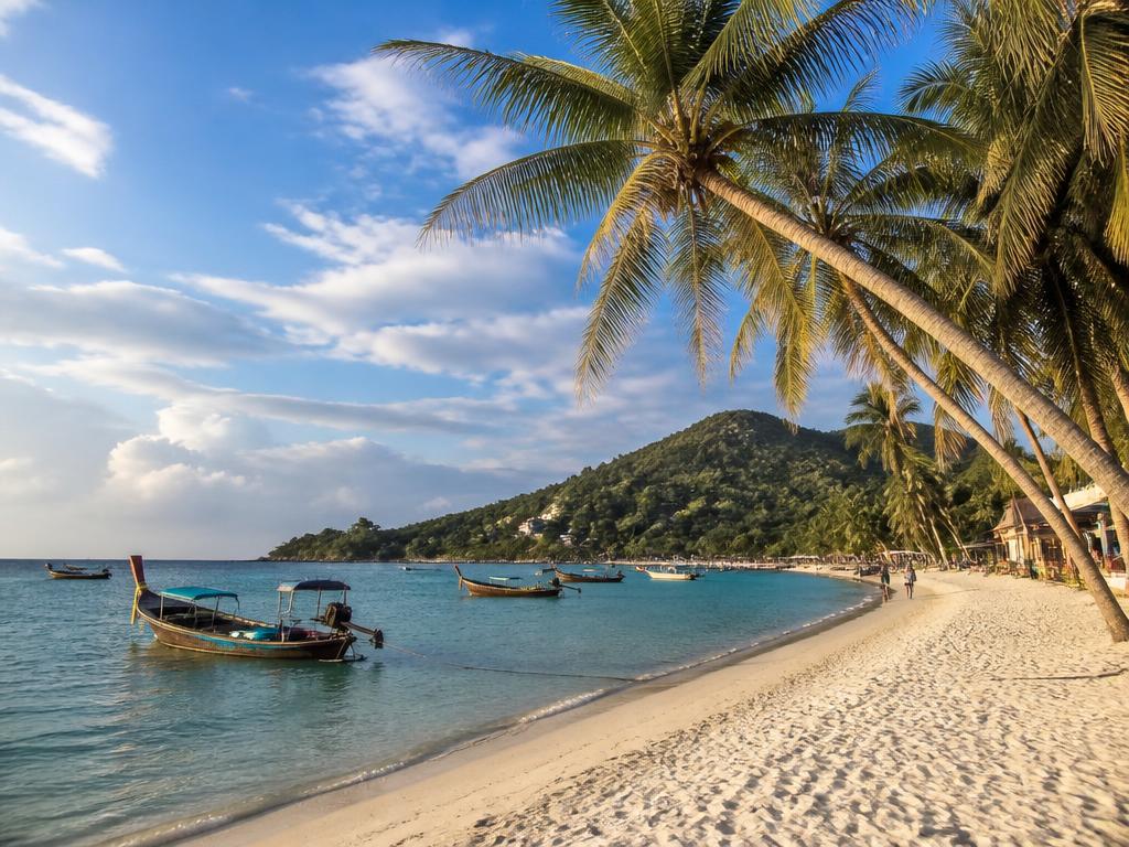Turquoise bay and palm-covered hills on a Thai island