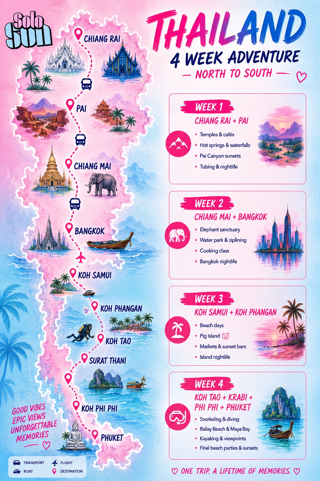 Travel Solo Sun Thailand 4 week north to south adventure itinerary map