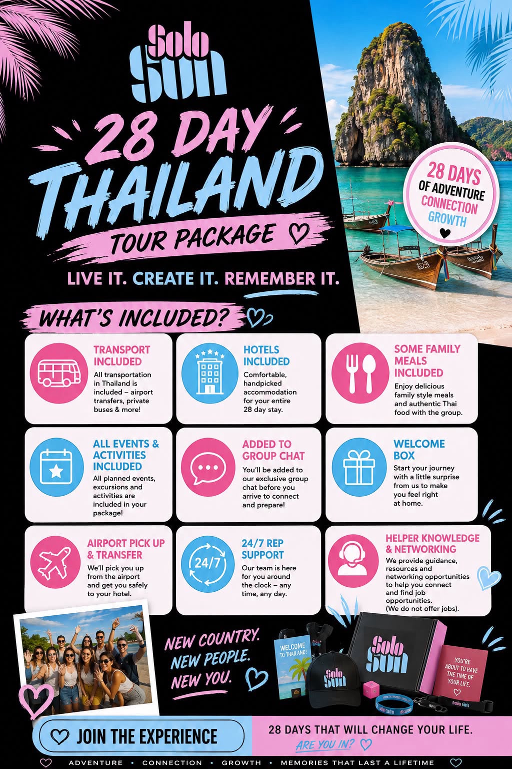 28 Day Thailand Tour Package — What's Included: transport, hotels, some family meals, all events and activities, group chat, welcome box, airport pick up and transfer, 24/7 rep support, helper knowledge and networking