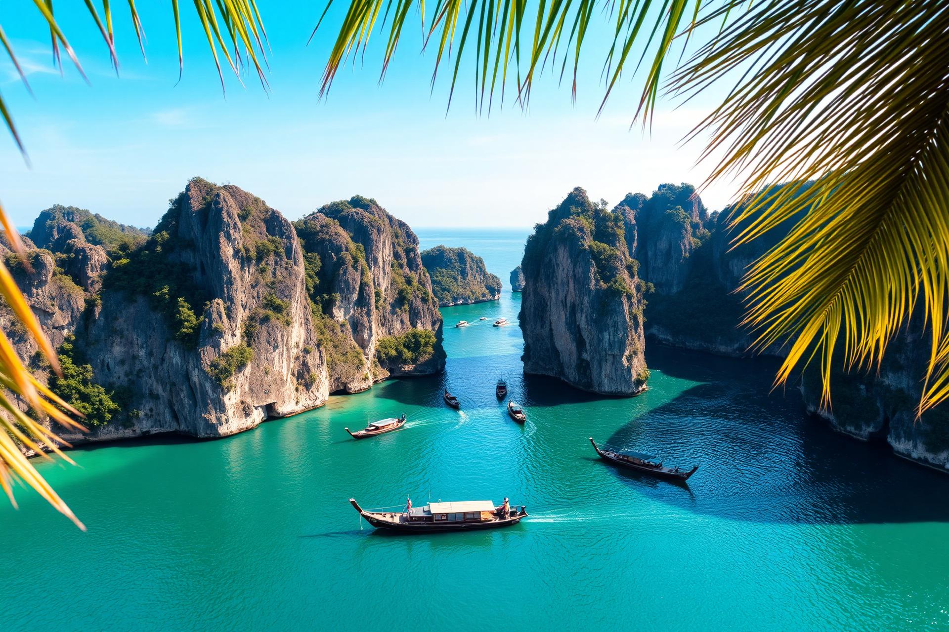 Longtail boats between limestone cliffs in a turquoise Thai bay